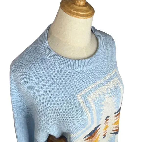 Pendleton Woolen Mills Light Blue Aztec Sweater Top Pullover Cotton Size Medium - Picture 4 of 11
